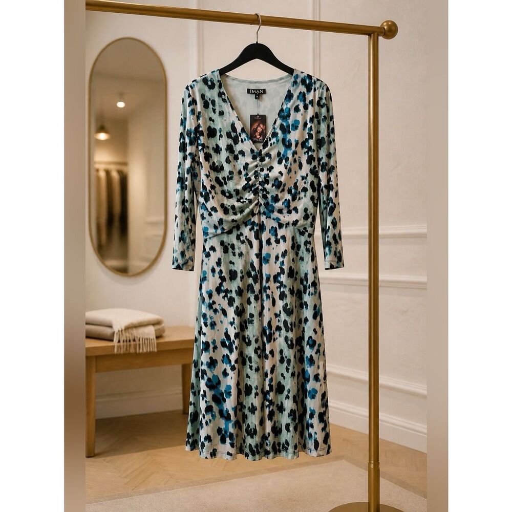 IMAN Blue and Black Long Sleeve Dress Size Large NWT
